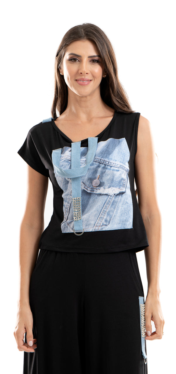 ONE SLEEVE T-SHIRT WITH DENIM STRAP
