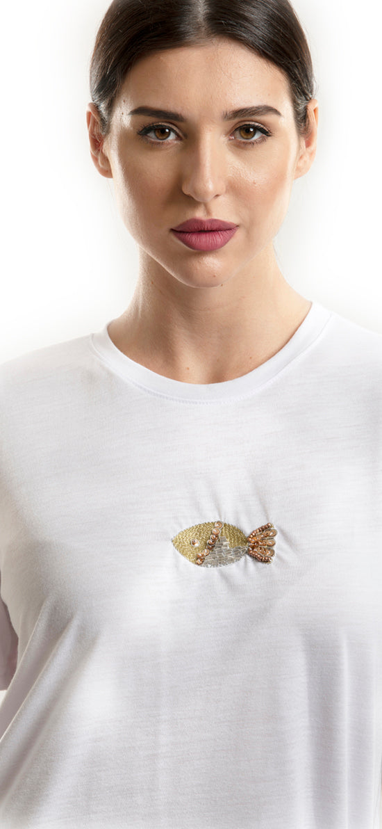 WHITE T-SHIRT WITH FISH EMBROIDERY