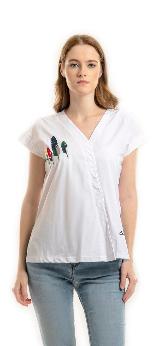 V-NECK T-SHIRT WITH EMBROIDERED FEATHERS