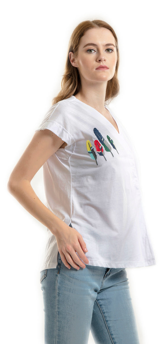 V-NECK T-SHIRT WITH EMBROIDERED FEATHERS