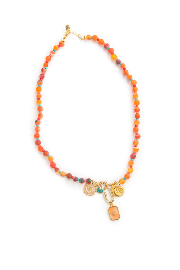 CORAL BEADS NECKLACE WITH CHARMS